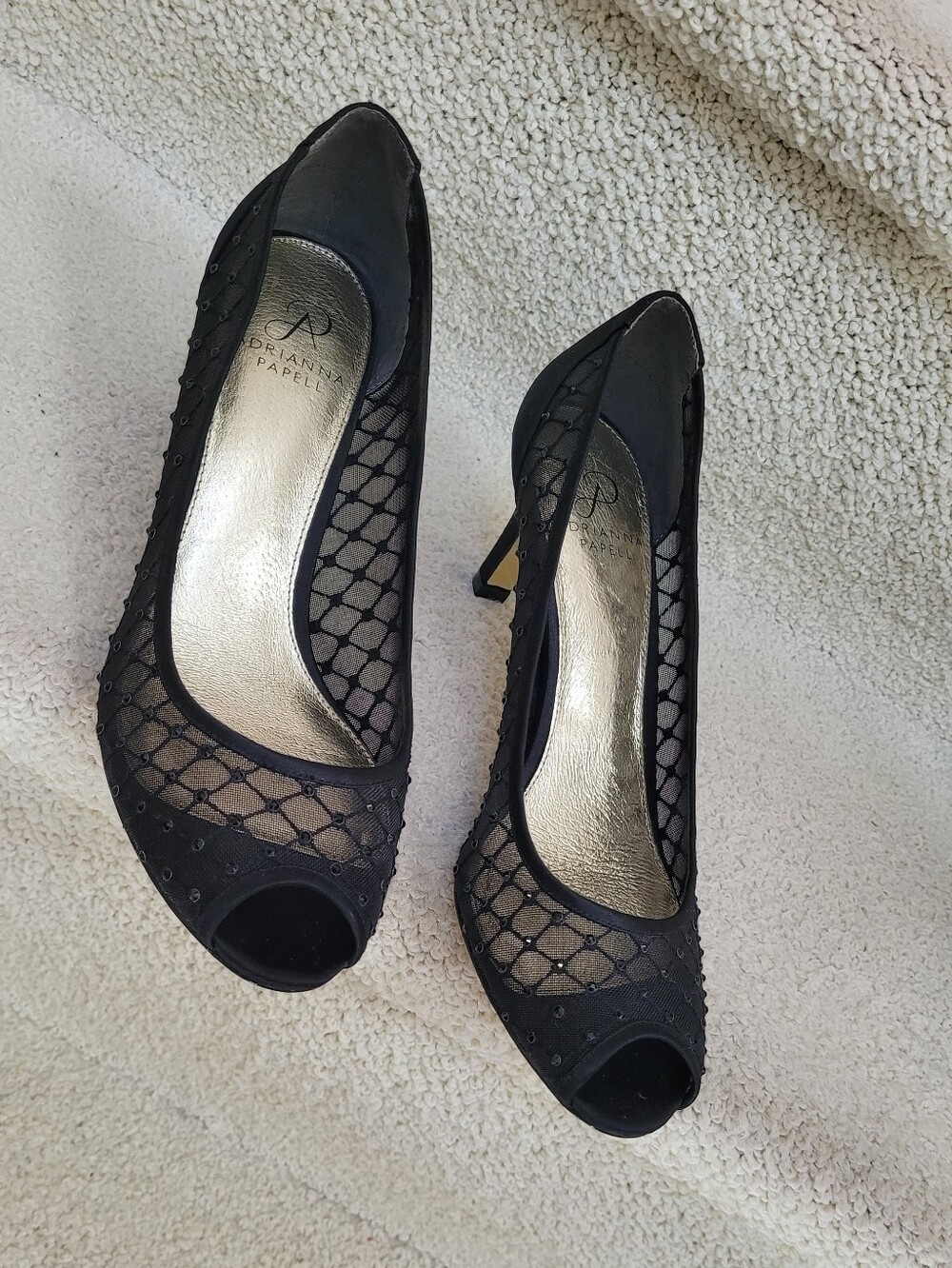 Adrianna Papell Black Mesh Peep-Toe Heels with Gold Insole - Picture 2 of 6